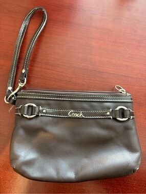Coach Dark Brown Leather Wristlet with Silver Hardware